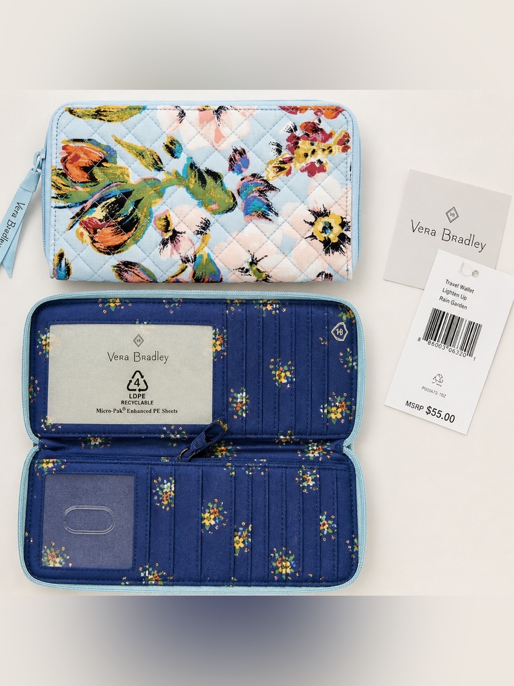 NEW Vera Bradley RFID Travel Quilted Wallet Zip Around Floral Blue Organizer
